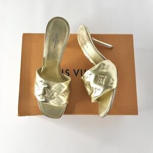 Louis Vuitton Revival Monogram Emboss Gold Leather Heeled Mules Sandals 38.5